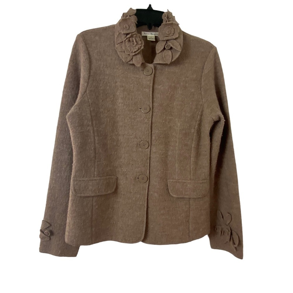 Susan Bristol Tan Floral Applique Wool Jacket. Sz S.